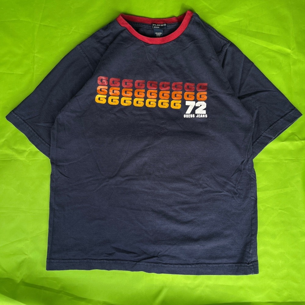 Medium Guess Jeans T Shirt Navy Blue Graphic 90s Short Sleeve Vintage